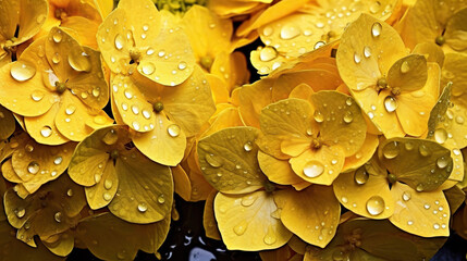Yellow Hydrangeas flowers with water drops background. Closeup of blossom with glistening droplets. Generative AI