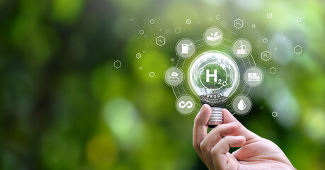 Hydrogen H2 innovation, zero emission technology. On Clean Hydrogen Energy, Environment, Green Industry and alternative energy in the future to be net zero. icon on the light bulb green background
