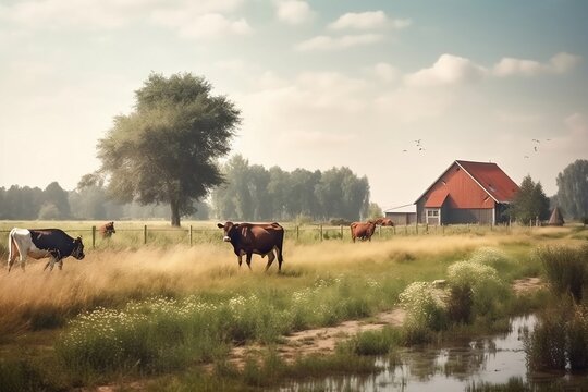 Pastoral Field with Grazing Cows and a Red Barn. AI