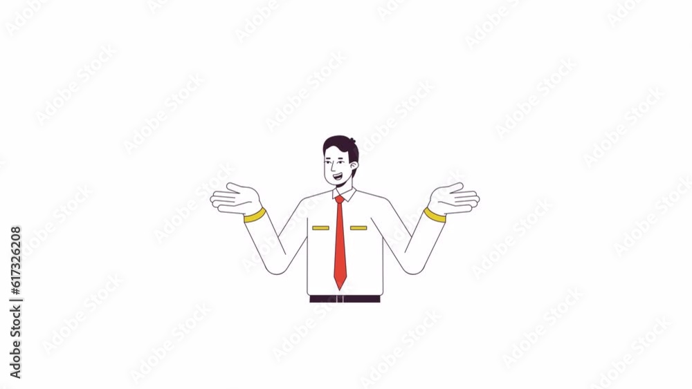 Aufkleber man shrugging shoulders animation. animated cartoon clueless employee confusion. isolated colour fla