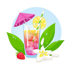 Refreshing tropical cocktail. Summer drink made from berries and fruits with lemon, ice, umbrella and straw. Vector illustration isolated on white background