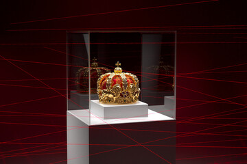 Beautiful golden crown. Valuable exhibit in museum protected by lasers. Insignia - obrazy, fototapety, plakaty