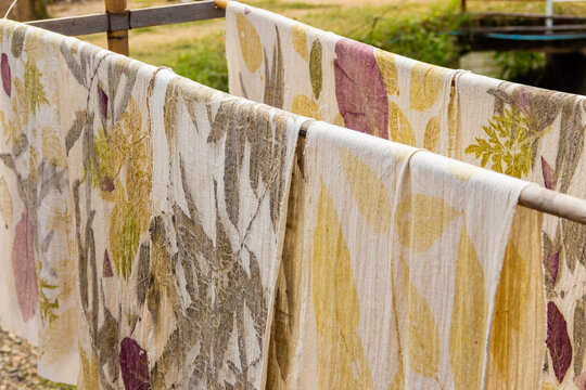 Variety of eco print fabric made by natural resources and.drying in the sun.