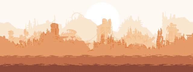 Pixel art post-apocalyptic background. Seamless game background with parallax. 5 layers. Resolution 480x180