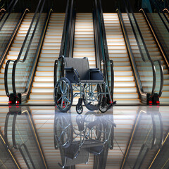 Footage of empty wheelchair next to the escalator. Barriers in public spaces.
