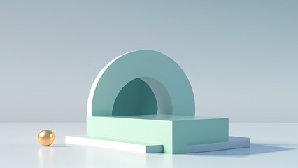 Curved shape, square shape, podium display, light and shadow, pastel blue-green theme, minimal style - 3d rendering.
