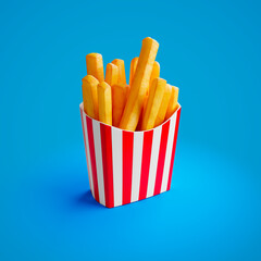 Crispy golden French fries in red and white paper box on blue background.
