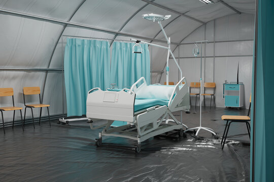 Medical Bed At An Infectious Or Military Field Hospital. Pandemic Intensive Care