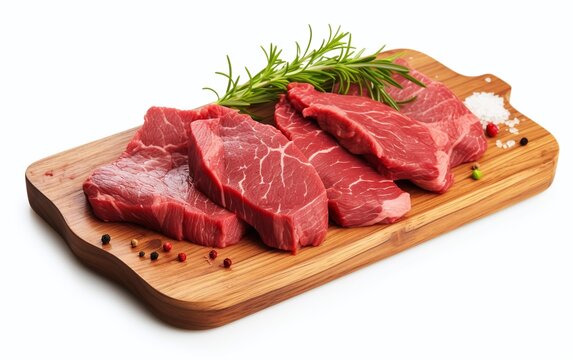 Tender raw roast beef slices with savory ingredients on a wooden cutting board.