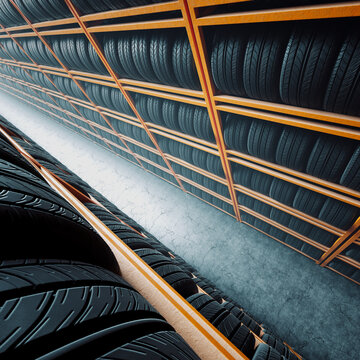 Endless shelves with car wheels. Stacks of black rubber tires. New car tyres.