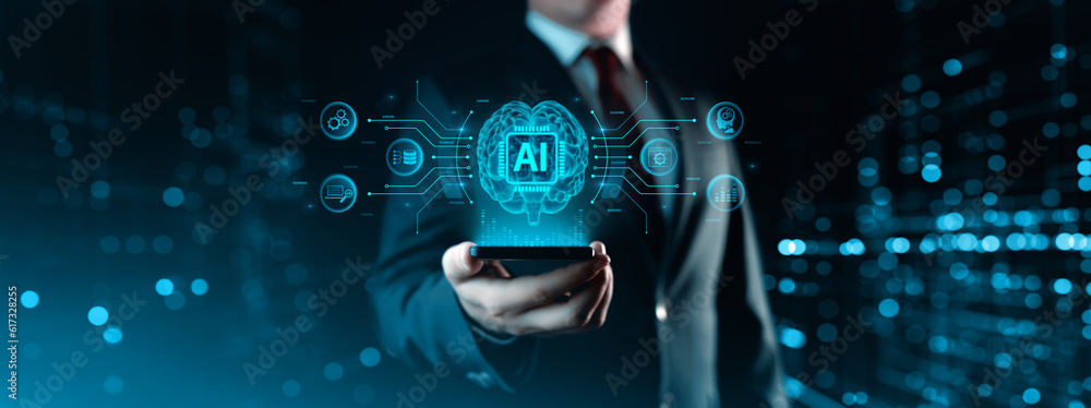 Poster ai - artificial intelligence concept. a businessman holds a smartphone with a hologram of a human br