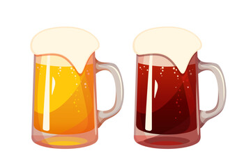 Beer in a glass mug.Golden and dark beer with foam .Vector illustration.