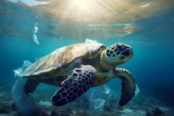 Sea Turtle Swimming Amidst Plastic Bags: Environmental Concerns. AI