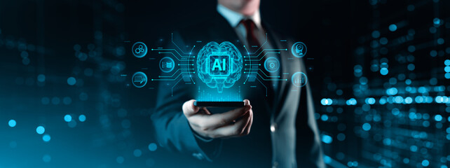 AI - Artificial Intelligence Concept. A businessman holds a smartphone with a hologram of a human brain and HUD of deep machine learning, automation, and robotics