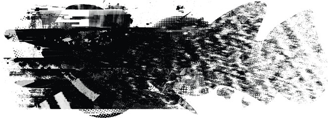 Naklejka premium Glitch distorted grunge layer . Noise destroyed texture . Trendy defect error shapes . Overlay grunge texture . Distressed effect .Vector shapes with a halftone dots screen print texture.