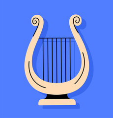 Harp sticker concept. Traditional musical instrument. Creativity and art. Sticker for social networks and messengers. Cartoon flat vector illustration isolated on blue background