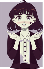 Anime girl with short dark hair and big eyes . Retro style poster