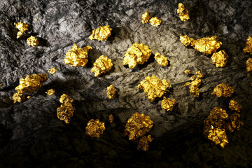 Obraz premium Mine wall full of gold nuggets. Treasure found in the mine. Golden ore.