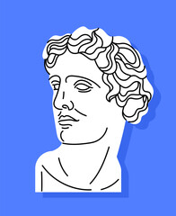 White sculpture head sticker concept. Art and creativity. Marble bust of man. Creativity and art. Template, layout and mock up. Cartoon flat vector illustration isolated on blue background