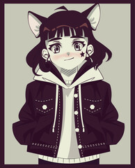 Cute anime character with cat ears and dark short hair . Retro style anime art