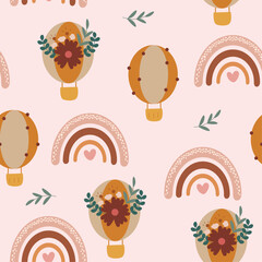Seamless pattern  bohemian with elements. Scandinavian rainbows, hot air balloons, flowers for textile, wrapping paper, fabric,  print design, wallpaper, greeting, decoration, package, texture. Vector