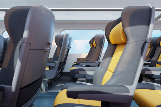 Modern high-speed train interior with empty comfortable seats in neutral colors