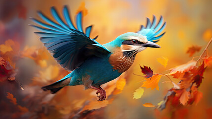 roller bird in flight with autumn leaves. 