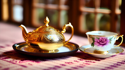 royal luxuries golden cup of tea and teapot