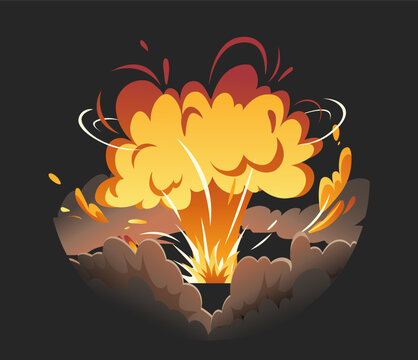 Bomb explosion in circle concept. Detonation and destruction. Grenade, bomb and dynamite. War and armed conflict. Clouds and smoke. Cartoon flat vector illustration isolated on black background