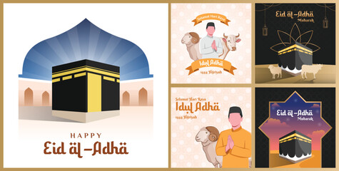 icon set for Eid al-Adha! Islamic holy day illustration for poster, green background or card. Images of a ram, a mosque, happy people and a crescent moon.