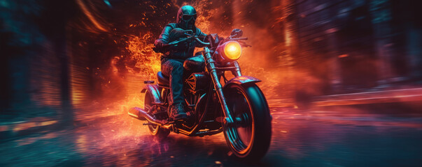 motorbiker staying on burning motorcycle, generative ai