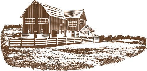 Countryside landscape illustration drawing in woodcut style with farm house on transparent background vector