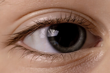 Baby's eye close-up. Big pupil in the eye.