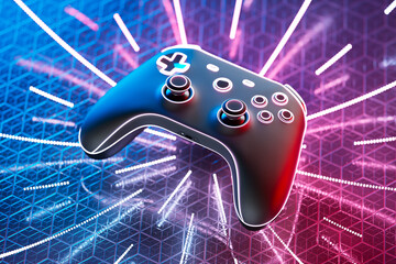 Video games concept. Glowing wireless gamepad. Multicolour video game controller