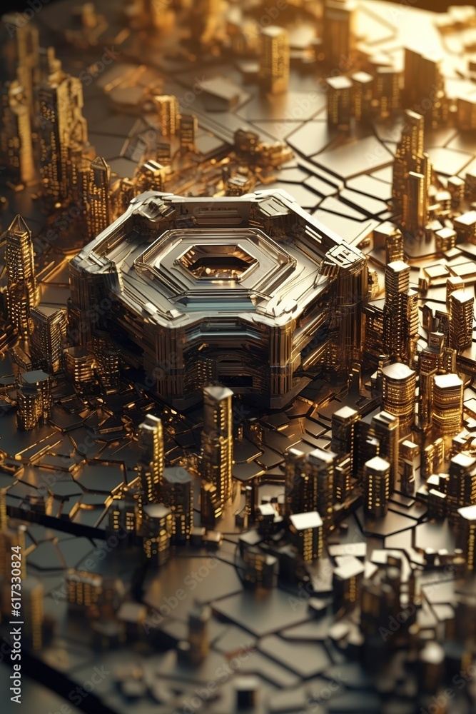 Poster a miniature representation of a metropolitan area comprised of various structures and skyscrapers