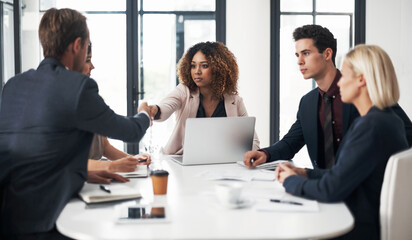 Business people, handshake and meeting in teamwork, partnership or collaboration at office...