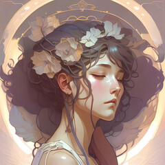angelic portrait of a black haired woman in art nouveau style with flowers in her hair, Generative AI