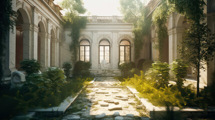 Obraz premium 3D render roman style, Home and Garden Embracing the Timeless Elegance and Tranquility, Creating a Harmonious Fusion of Indoor and Outdoor Spaces