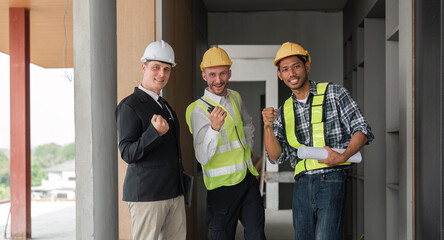 team man engineers success cheerful and protective helmet construction site industrial project in...