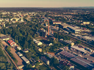 Fototapeta na wymiar Aerial view of the Starachowice city, in the middle you can see the remains of the big copper furnace and his chimneys