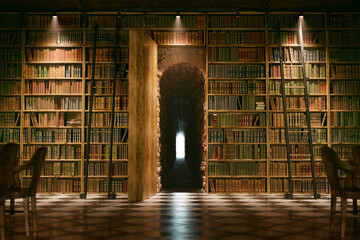 Vintage wooden library, surrounded by towering shelves of books