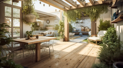 Obraz premium 3D rendering Living Room and Garden Concept, Indoor-Outdoor Living with a Harmonious Blend of Nature and Interior Design, Creating a Tranquil Retreat for Relaxation and Entertainment