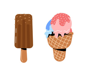 Set of Ice creams sticker. Frozen dessert and delicacy, gourmet. Waffer cone with balls. Poster or banner for website. Cartoon flat vector collection isolated on white background