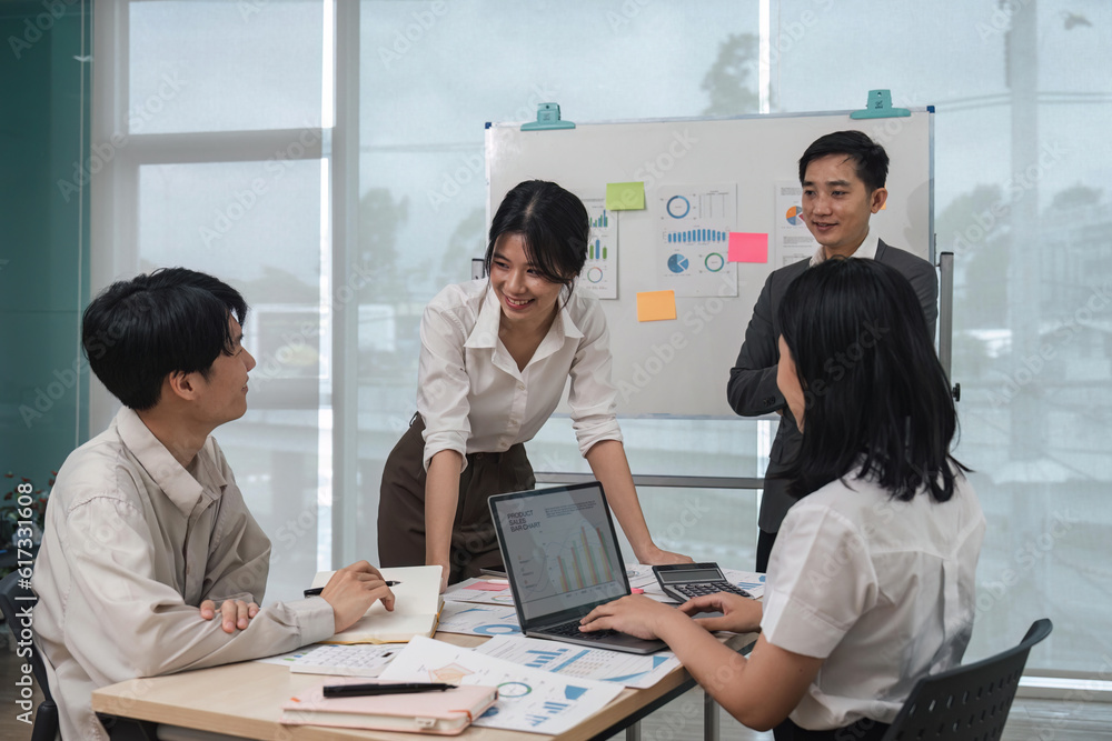 Poster business team people discussing analyzing investment charts the charts and graphs showing the result