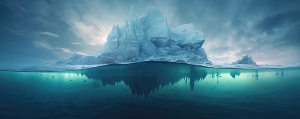 Underwater view of iceberg wide banner, generative ai - obrazy, fototapety, plakaty