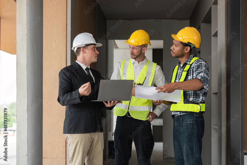 Poster professional construction engineers team using blueprint of project plan brainstorming and working t