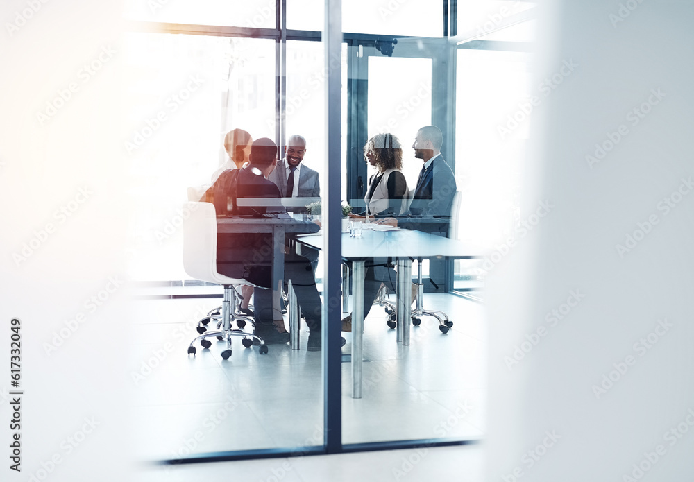 Aufkleber strategy, planning and meeting with business people in office for project management, review and bra