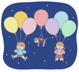 風船で飛ぶ子どもたちと犬（夜空）