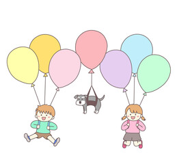 Obraz na płótnie Canvas 風船で飛ぶ子どもたちと犬