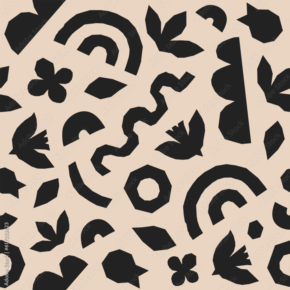 Poster abstract seamless pattern with black organic cut out shapes on a beige background. trendy vector col